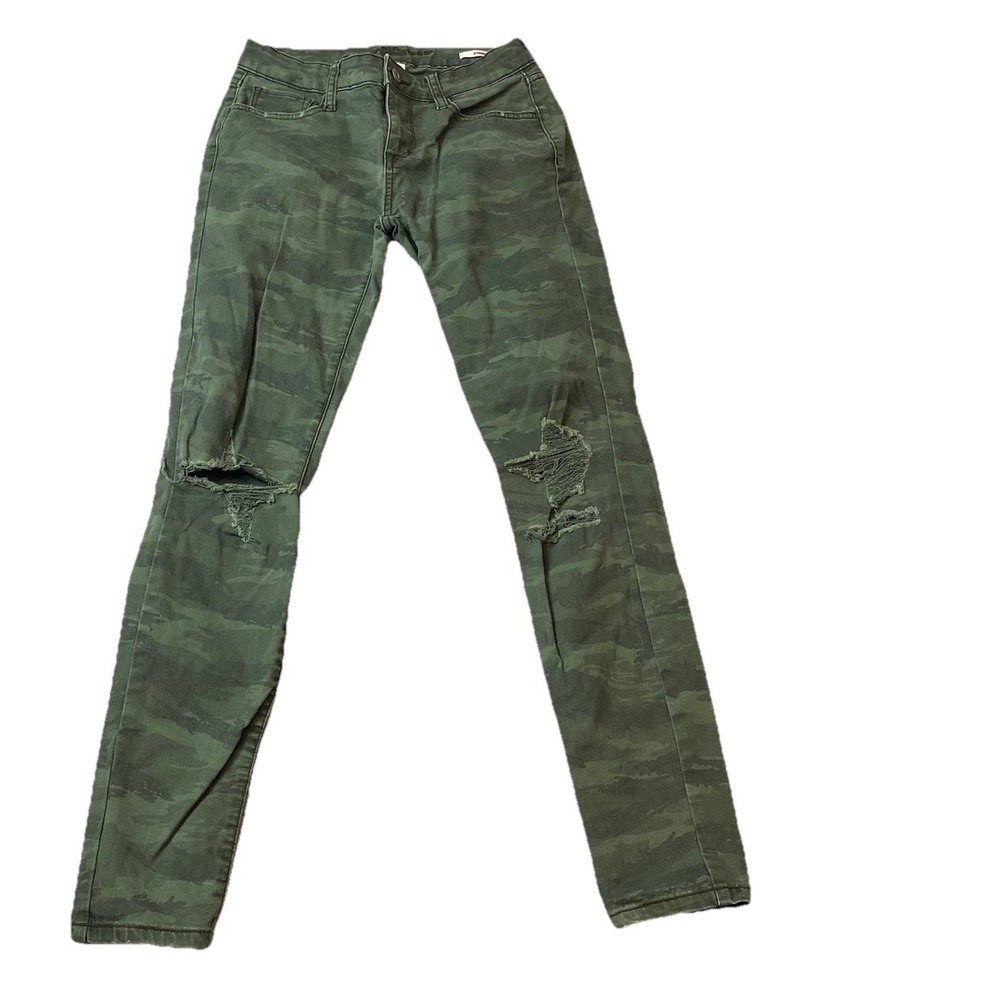 Arizona Jeans Green Camo Jeggings Distressed Knees Women's 1 Stretch MidRise